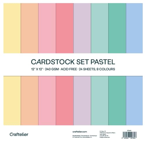 Craftelier - Set 24 Kartonbögen Pastell für Kartenherstellung, Scrapbooking und Bastelprojekte | Gewicht 240 Gramm | Größe 30,48 cm x 30,48 cm (12" x 12") von Craftelier