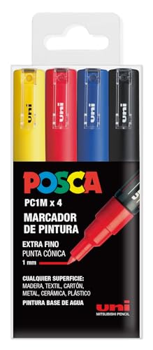 UNI Posca Etui mit 4 Markern, PC1M, Konischspitze, extra dünn, Grundfarben von Craftelier