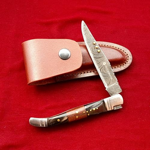 Craftomatik Damast Stahl Taschenmesser | Klappmesser Laguiole | Büffelhorn, Rosenholz, Edelstahl, Messing Stiften Griff | Handgefertigt Outdoor Damastmesser Camping Messer | FK25 von Craftomatik