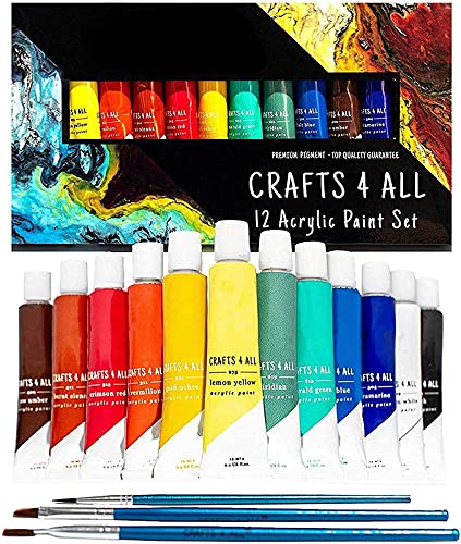 Acrylfarbe 12 Set von Crafts 4 All Für Papier,Leinwand,Holz,Keramik,Stoff & Handwerk.Nicht toxisch & Lebendige Farben.Rich Pigmente and High Qualität -Für Anfänger, Studenten & Professionals Künstler von Crafts 4 ALL