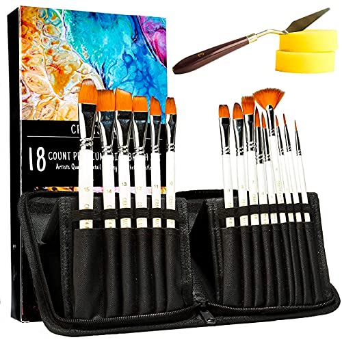 Crafts 4 All Maler Pinselset mit 18 verschiedenen Pinsel-Größen für Schule & Hobby-Malerei - Künstlerbedarf mit Spachtel, Schwamm, Aufbewahrungstasche von Crafts 4 ALL