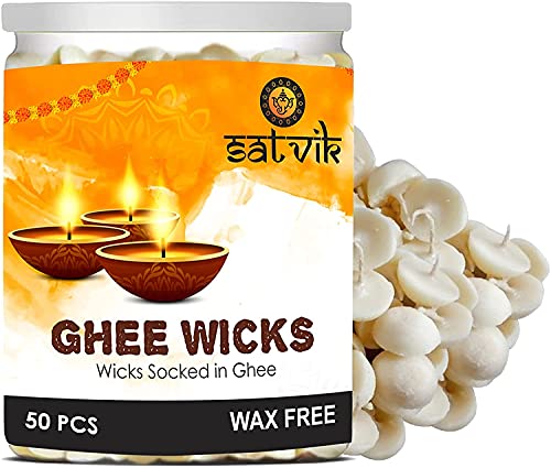 SATVIK 50 Stück Pure Ghee Dochte für Puja | Gebrauchsfertige Diya Batti | 30 min Brenndauer | Wachsfreie Baumwolldochte | Ideal für Pooja, Meditation, Diwali und Einweihungsgeschenke von Craftsman