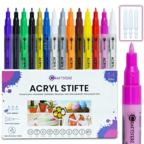 Craftsterz Acrylstifte für Steine wasserfest – Fineliner Malstifte zum Bemalen von Holz, Glas, Kunststoff, Leder oder Porzellan – Permanent Marker Fein 0,7 mm – Akrylfarbenset Stifte 14 Stück von Craftsterz