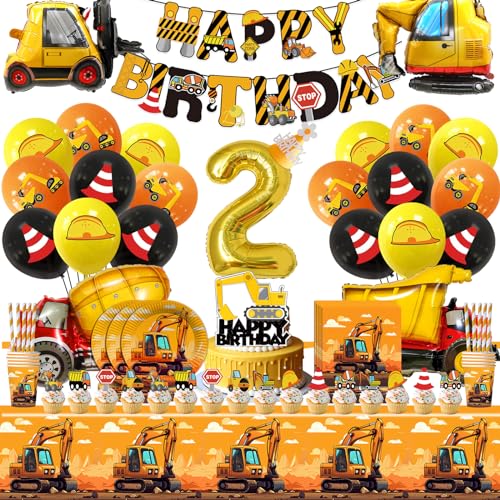 101 Stück Baustellen Geburtstag Deko 2, Bagger Partygeschirr Kindergeburtstag, Bagger BAU Luftballons, Tischdecke Pappteller Becher Servietten Bagger Banner Strohhalme für Geburtstag Deko Junge von Craggyer