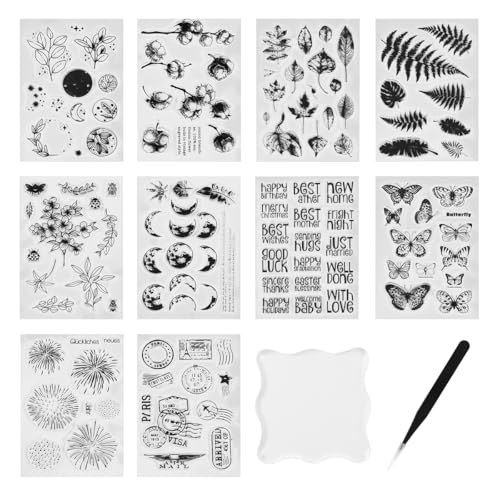 10 Silikonstempel Set, Enthält 1 Acrylplatte Clear Stamps Vielzahl von Mustern silikon stempelset Clear Stamps Glückwünsche Clear Stamp für Geburtstag Weihnachten DIY Journal Scrapbooking von Cragmut