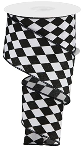 Harlekin-Diamantband mit Drahtrand, 6,4 cm x 9,1 m, strapazierfähiger Stoff, Drahtrand zum Basteln, Blumenarrangements, Geschenkverpackungen und Kranzschleifen, Schwarz / Weiß von Craig Bachman