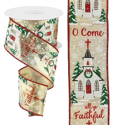 O Come All Ye Faithful Drahtband mit Kirche und Winterschneeszene für Weihnachtsschleifen, Kränze, Girlanden, Handwerk und Dekorationen (Gold-Metallic-Stoff, Rot, Grün, Weiß, Schwarz, 6,3 cm x 9,1 m) von Craig Bachman