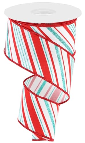 Peppermint Stripes Schleifenband mit Drahtrand, 9,1 m (Weiß, Rot, Eisblau, 6,3 cm) von Craig Bachman