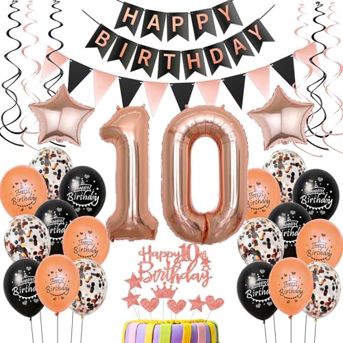 10 Geburtstag Dekoration Luftballons rosegold schwarz,deko 10. Geburtstag mädchen deko, rosegold Luftballons Zahl 10,Happy Birthday Girlande Banner 10 mädchen Geburtstagdeko 10 jahre mädchen von Crazy-M