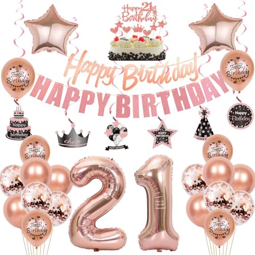 21 Geburtstag Deko, 21. Geburtstag frauen,Luftballons 21. Geburtstag Deko frauen, Happy Birthday Girlande Deko 21.Geburtstag frau,Tortendeko 21 Geburtstag Deko mädchen Happy 21th Birthday rosegold von Crazy-M