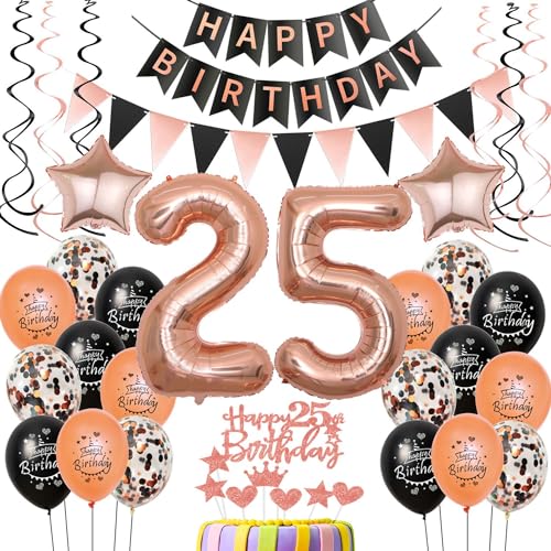 25 Geburtstag Dekoration Luftballons rosegold schwarz,deko 25. Geburtstag Frau deko, rosegold Luftballons Zahl 25,Happy Birthday Girlande Banner 25 Frau Geburtstagdeko 25 jahre Frau von Crazy-M