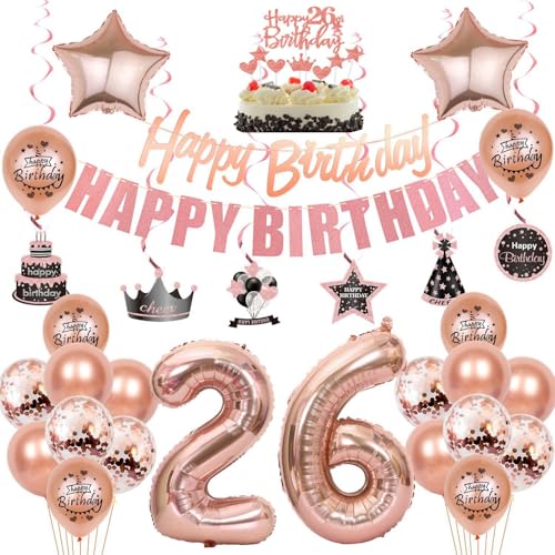 26 Geburtstag Deko, 26. Geburtstag frauen,Luftballons 26. Geburtstag Deko frauen, Happy Birthday Girlande Deko 26.Geburtstag frau,Tortendeko 26 Geburtstag Deko mädchen Happy 26th Birthday rosegold von Crazy-M