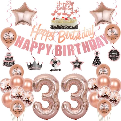 33 Geburtstag Deko, 33. Geburtstag frauen,Luftballons 33. Geburtstag Deko frauen, Happy Birthday Girlande Deko 33.Geburtstag frau,Tortendeko 33 Geburtstag Deko mädchen Happy 33th Birthday rosegold von Crazy-M