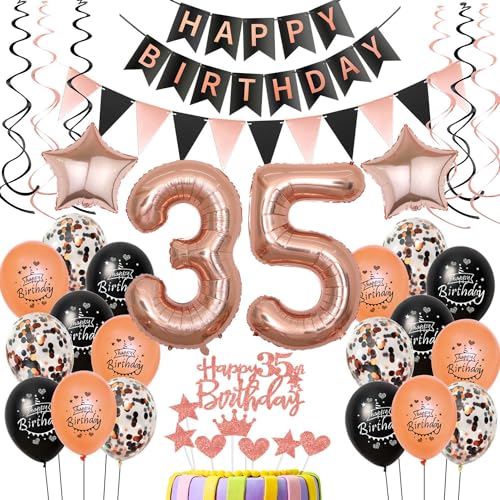 35 Geburtstag Dekoration Luftballons rosegold schwarz,deko 35. Geburtstag Frau deko, rosegold Luftballons Zahl 35,Happy Birthday Girlande Banner 35 Frau Geburtstagdeko 35 jahre Frau von Crazy-M