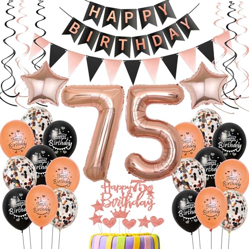 75 Geburtstag Dekoration Luftballons rosegold schwarz,deko 75. Geburtstag Frau deko, rosegold Luftballons Zahl 75,Happy Birthday Girlande Banner 75 Frau Geburtstagdeko 75 jahre Frau von Crazy-M