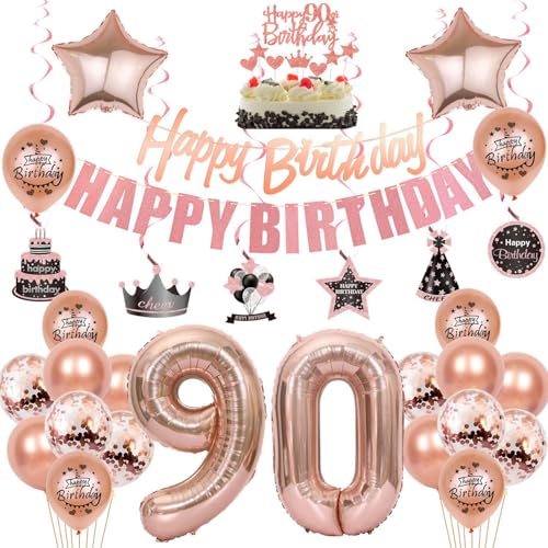 90 Geburtstag Deko, 90. Geburtstag frauen,Luftballons 90. Geburtstag Deko frauen, Happy Birthday Girlande Deko 90.Geburtstag frau,Tortendeko 90 Geburtstag Deko mädchen Happy 90th Birthday rosegold von Crazy-M