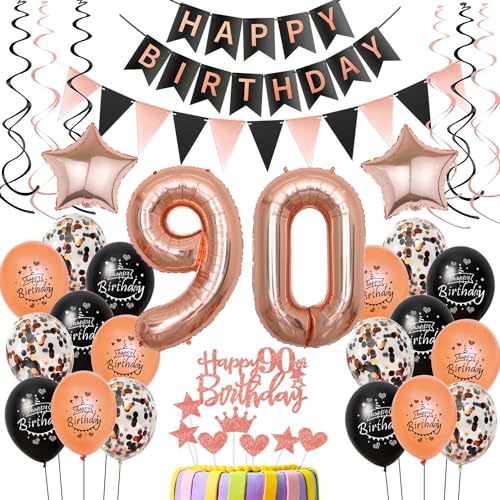 90 Geburtstag Dekoration Luftballons rosegold schwarz,deko 90. Geburtstag Frau deko, rosegold Luftballons Zahl 90,Happy Birthday Girlande Banner 90 Frau Geburtstagdeko 90 jahre Frau von Crazy-M