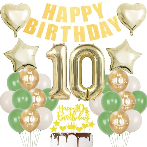 Deko 10. Geburtstag Junge Mädchen, Luftballons 10 Geburtstag Gold Grün, 10 Geburtstag Party Dekoration, Grün Hell Gold 10 Jahre Geburtstagsdeko Mädchen Junge, 10. Ballon Deko Gold Grün von Crazy-M