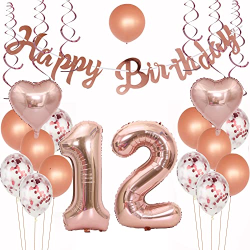 Geburtstagsdeko 12 Rosegold 12. Geburtstag Mädchen Frauen Luftballons 12 Geburtstag Party Deko Happy Birthday Girlande, Riesen Zahl 12 Folienballons, Konfetti Luftballons, Hängedeko von Crazy-M