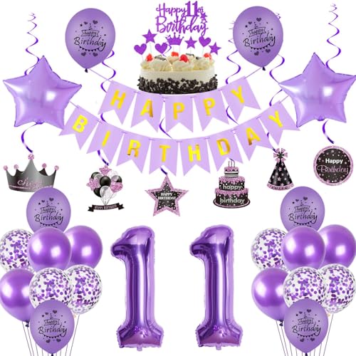 Lila 11 Geburtstag Deko, 11. Geburtstag Mädchen,Luftballons 11. Geburtstag Deko Mädchen, Happy Birthday Girlande Deko 11.Geburtstag Mädchen,violett Tortendeko 11 Geburtstag Happy 11th Birthday von Crazy-M