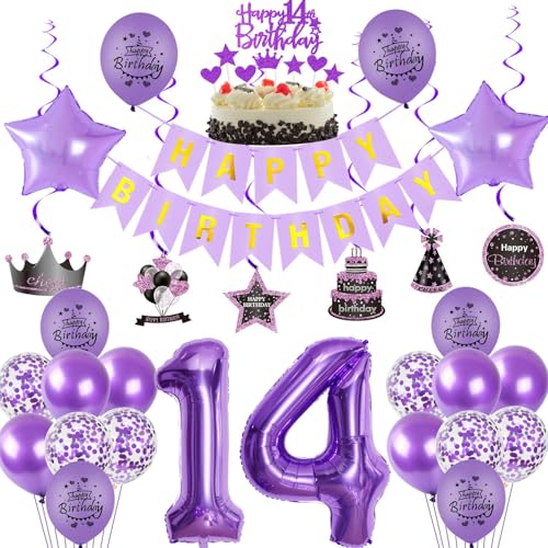 Lila 14 Geburtstag Deko, 14. Geburtstag Mädchen,Luftballons 14. Geburtstag Deko Mädchen, Happy Birthday Girlande Deko 14.Geburtstag Mädchen,violett Tortendeko 14 Geburtstag Happy 14th Birthday von Crazy-M