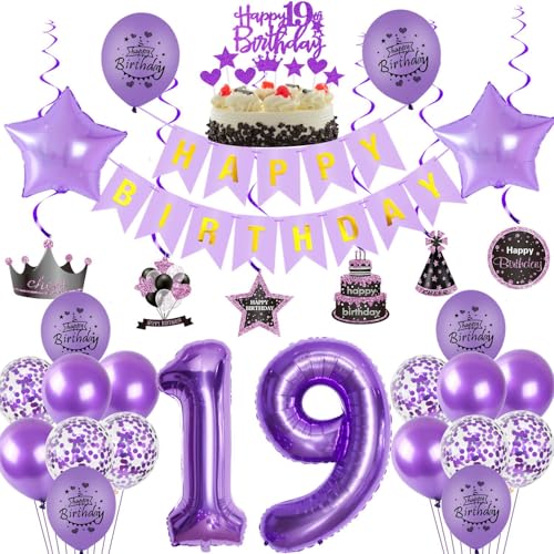 Lila 19 Geburtstag Deko, 19. Geburtstag Mädchen,Luftballons 19. Geburtstag Deko Mädchen, Happy Birthday Girlande Deko 19.Geburtstag Mädchen,violett Tortendeko 19 Geburtstag Happy 19th Birthday von Crazy-M