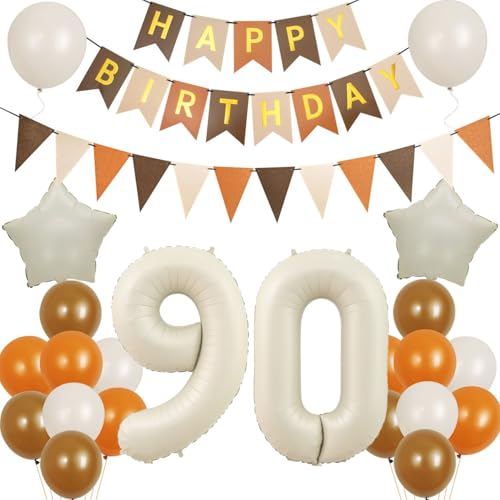 Luftballon 90. Geburtstag Frauen Mann Deko Retro Kaffee -Braun-sand weiße,90 Geburtstagsdeko 90 Jahre Frauen Ballon deko,Happy Birthday Banner Ballons deko 90. Geburtstag Frauen Dekoration von Crazy-M