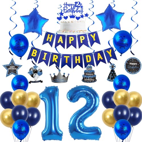 Luftballons 12 Geburtstag Dekoration Blau Gold 12 Jahre Jungen Geburtstagsdeko Ballon,Blau Happy Birthday Girlande Banner Folienballon 12 Geburtstag Party Deko für Junge,deko 12. Geburtstag Junge von Crazy-M