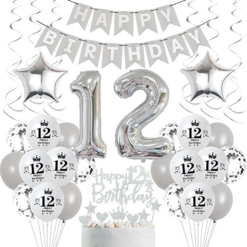 Luftballons 12. Geburtstag Grau Silber, 12 Geburtstag Deko Junge Mädchen, Silber Deko 12. Geburtstag Junge Mädchen, Ballons Silber für Jungen Party Deko,Silber Tortendeko 12 Geburtstag Party von Crazy-M