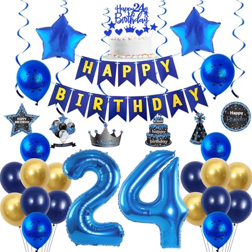 Luftballons 24 Geburtstag Dekoration Blau Gold 24 Jahre Mann Geburtstagsdeko Ballon,Blau Happy Birthday Girlande Banner Folienballon 24 Geburtstag Party Deko für Männer,deko 24. Geburtstag mann von Crazy-M