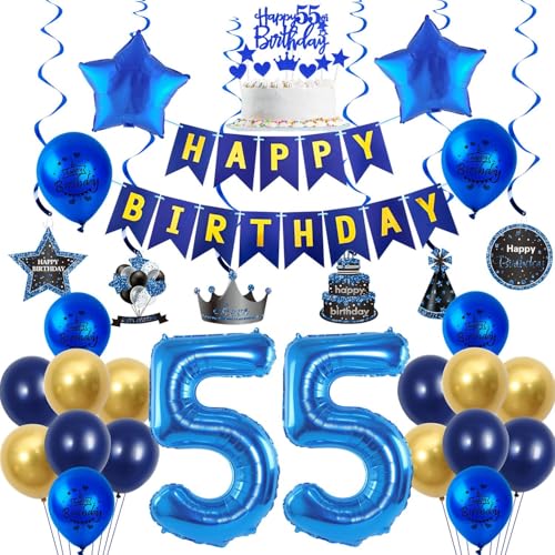 Luftballons 55 Geburtstag Dekoration Blau Gold 55 Jahre Mann Geburtstagsdeko Ballon,Blau Happy Birthday Girlande Banner Folienballon 55 Geburtstag Party Deko für Männer,deko 55. Geburtstag mann von Crazy-M