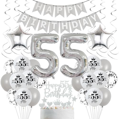 Luftballons 55. Geburtstag Grau Silber, 55 Geburtstag Deko Mann Frau, Silber Deko 55. Geburtstag Mann Frau, Ballons Silber für Mann Party Deko,Silber Tortendeko 55 Geburtstag Party von Crazy-M