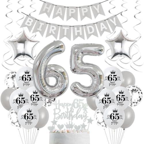 Luftballons 65. Geburtstag Grau Silber, 65 Geburtstag Deko Mann Frau, Silber Deko 65. Geburtstag Mann Frau, Ballons Silber für Mann Party Deko,Silber Tortendeko 65 Geburtstag Party von Crazy-M