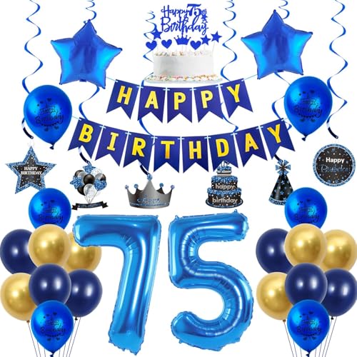 Luftballons 75 Geburtstag Dekoration Blau Gold 75 Jahre Mann Geburtstagsdeko Ballon,Blau Happy Birthday Girlande Banner Folienballon 75 Geburtstag Party Deko für Männer,deko 75. Geburtstag mann von Crazy-M