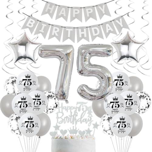 Luftballons 75. Geburtstag Grau Silber, 75 Geburtstag Deko Mann Frau, Silber Deko 75. Geburtstag Mann Frau, Ballons Silber für Mann Party Deko,Silber Tortendeko 75 Geburtstag Party von Crazy-M