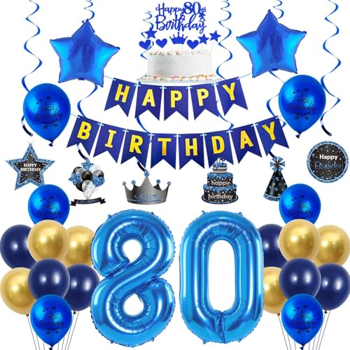 Luftballons 80 Geburtstag Dekoration Blau Gold 80 Jahre Mann Geburtstagsdeko Ballon,Blau Happy Birthday Girlande Banner Folienballon 80 Geburtstag Party Deko für Männer,deko 80. Geburtstag mann von Crazy-M