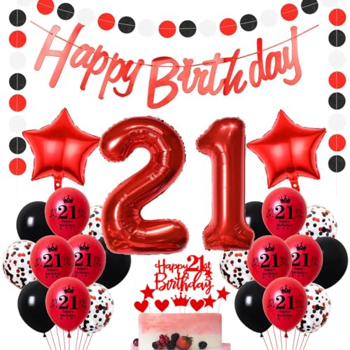 Rot Geburtstagsdeko 21. Frau,Ballon 21 Deko zum Geburtstag Rot Schwarz,21 Jahre Party Dekoration, Tortendeko 21. Geburtstag Frau Mann,21. Geburtstag Dekoration,Luftballons 21. Rot Schwarz von Crazy-M