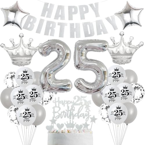 Silber Deko 25. Geburtstag Mann, Silber Tortendeko 25 Geburtstag Frau, Luftballons 25. Geburtstag Silber, Party Ballons 25 Geburtstag Dekoration, Silber Geburtstagsdeko 25 Jahre Mann Frau von Crazy-M