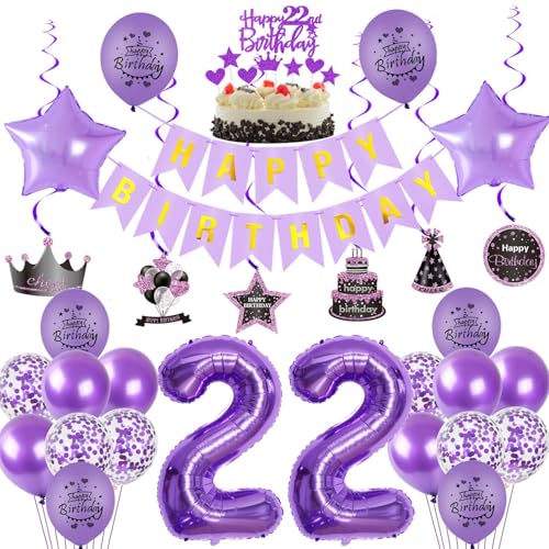 Violett 22 Geburtstag Deko, 22. Geburtstag frauen,Luftballons 22. Geburtstag Deko frauen, Happy Birthday Girlande Deko 22.Geburtstag frau,Tortendeko 22 Geburtstag mädchen Happy 22th Birthday lila von Crazy-M