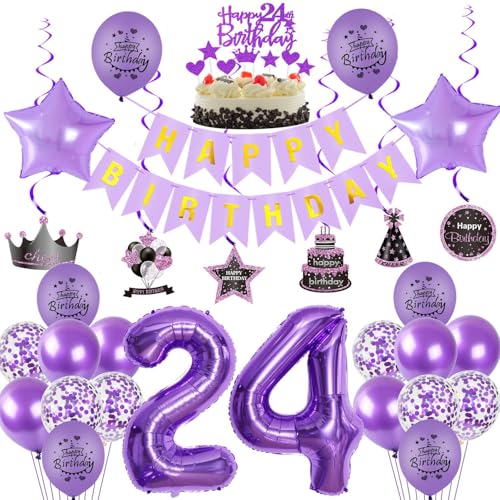 Violett 24 Geburtstag Deko, 24. Geburtstag frauen,Luftballons 24. Geburtstag Deko frauen, Happy Birthday Girlande Deko 24.Geburtstag frau,Tortendeko 24 Geburtstag mädchen Happy 24th Birthday lila von Crazy-M