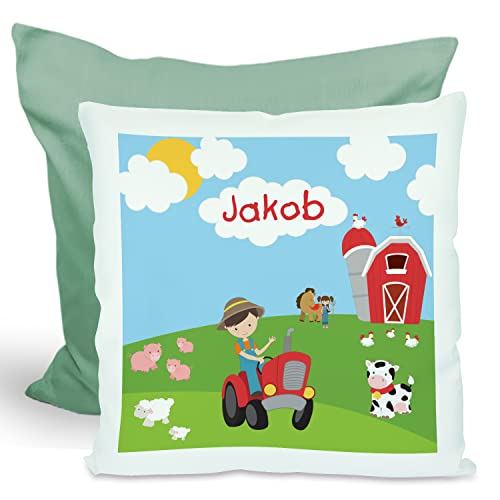 CreaDesign, Kinder Kissen 40x40 cm personalisiert mit Namen, Kinderzimmer Deko Kissen Kinder mit Füllung Federn, Motiv Bauernhof, Rückenfarbe Grün von CreaDesign