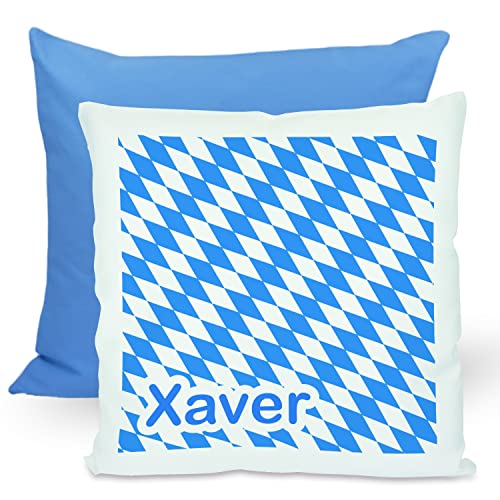 CreaDesign, Kinder Kissen 40x40 cm personalisiert mit Namen, Kinderzimmer Deko Kissen Kinder mit Füllung Federn, Motiv Bayern, Rückenfarbe Blau von CreaDesign