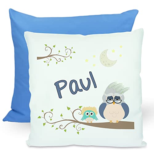 CreaDesign, Kinder Kissen 40x40 cm personalisiert mit Namen, Kinderzimmer Deko Kissen Kinder mit Füllung Federn, Motiv Eule, Rückenfarbe Blau von CreaDesign