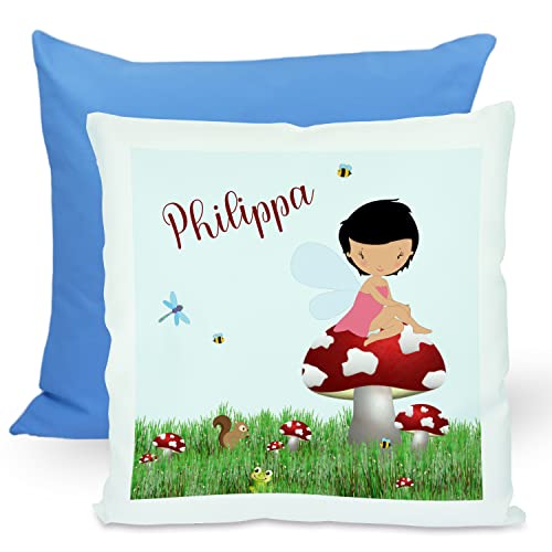 CreaDesign, Kinder Kissen 40x40 cm personalisiert mit Namen, Kinderzimmer Deko Kissen Kinder mit Füllung Federn, Motiv Frosch, Rückenfarbe Blau von CreaDesign