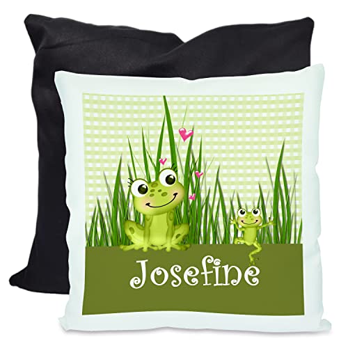 CreaDesign, Kinder Kissen 40x40 cm personalisiert mit Namen, Kinderzimmer Deko Kissen Kinder mit Füllung Federn, Motiv Frosch, Rückenfarbe Schwarz von CreaDesign