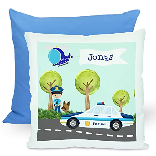 CreaDesign, Kinder Kissen 40x40 cm personalisiert mit Namen, Kinderzimmer Deko Kissen Kinder mit Füllung Federn, Motiv Polizei, Rückenfarbe Blau von CreaDesign