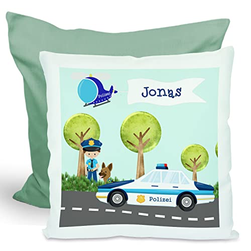 CreaDesign, Kinder Kissen 40x40 cm personalisiert mit Namen, Kinderzimmer Deko Kissen Kinder mit Füllung Federn, Motiv Polizei, Rückenfarbe Grün von CreaDesign