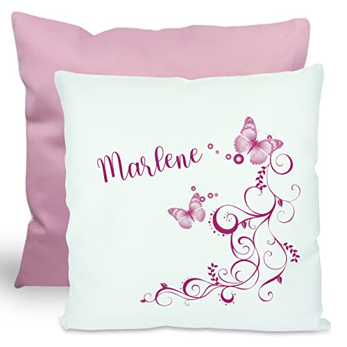 CreaDesign, Kinder Kissen 40x40 cm personalisiert mit Namen, Kinderzimmer Deko Kissen Kinder mit Füllung Federn, Motiv Schmetterling rosa, Rückenfarbe Rosa von CreaDesign