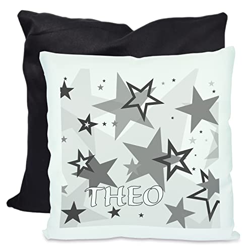 CreaDesign, Kinder Kissen 40x40 cm personalisiert mit Namen, Kinderzimmer Deko Kissen Kinder mit Füllung Federn, Motiv Sterne grau, Rückenfarbe Schwarz von CreaDesign