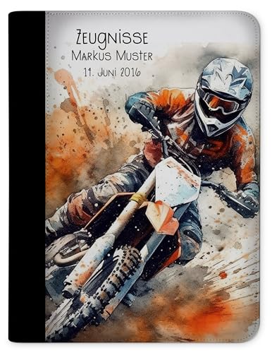 CreaDesign, Kinder Zeugnismappe Jungen personalisiert mit Name, Zeugnismappe Auto Motorcross mit 10 Klarsichthüllen, A4, 24 x 31 x 1 cm, Rücken schwarz von CreaDesign